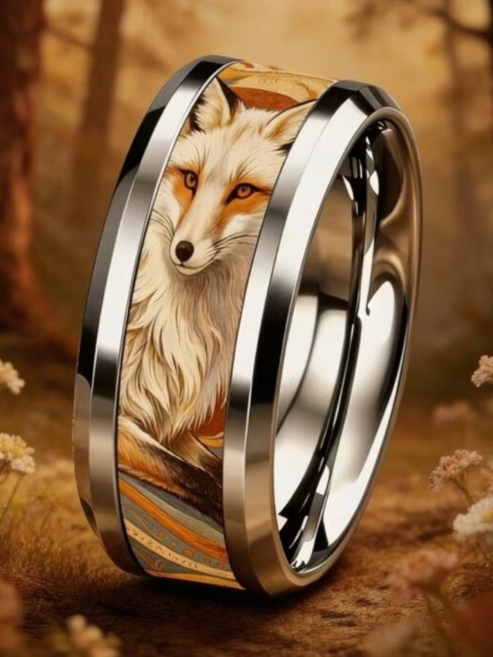 Silver Tone Fox Inlay Unisex Ring - Brown/Orange Fox Design Size 7
